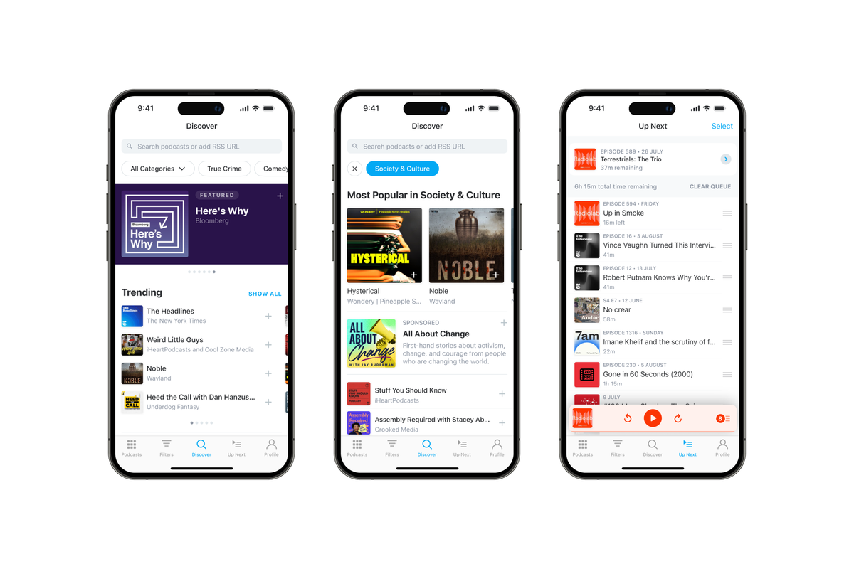 Tres capturas de Pocket Casts mostrando la sección Discover y la lista Siguiente